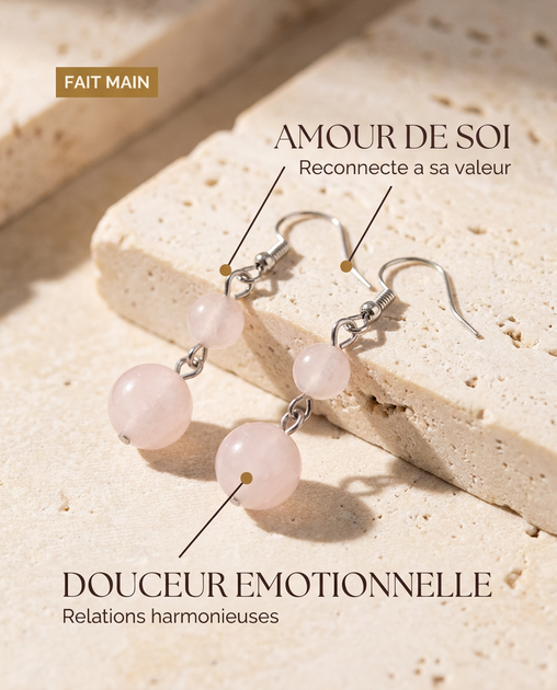 Boucles d'oreilles Quartz Rose MODYZZ - bienfaits amour de soi