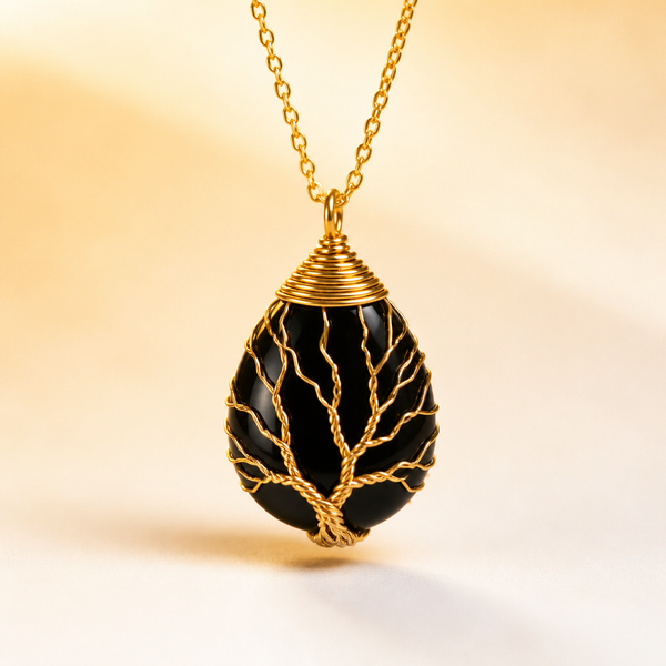 Collier "Protection Dorée" Arbre de Vie en Agate Noire | MODYZZ