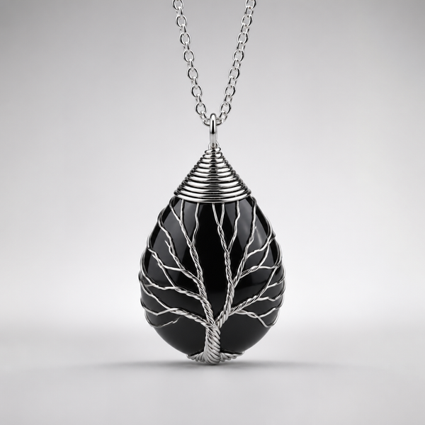 Collier "Bouclier" Arbre de Vie en Agate Noire Argentée | MODYZZ