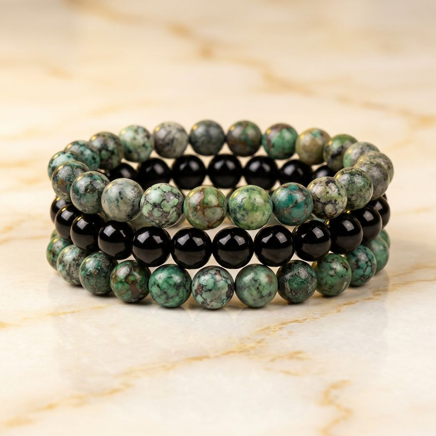 Set "Duo" Triple Rangée Turquoise Africaine & Onyx | MODYZZ