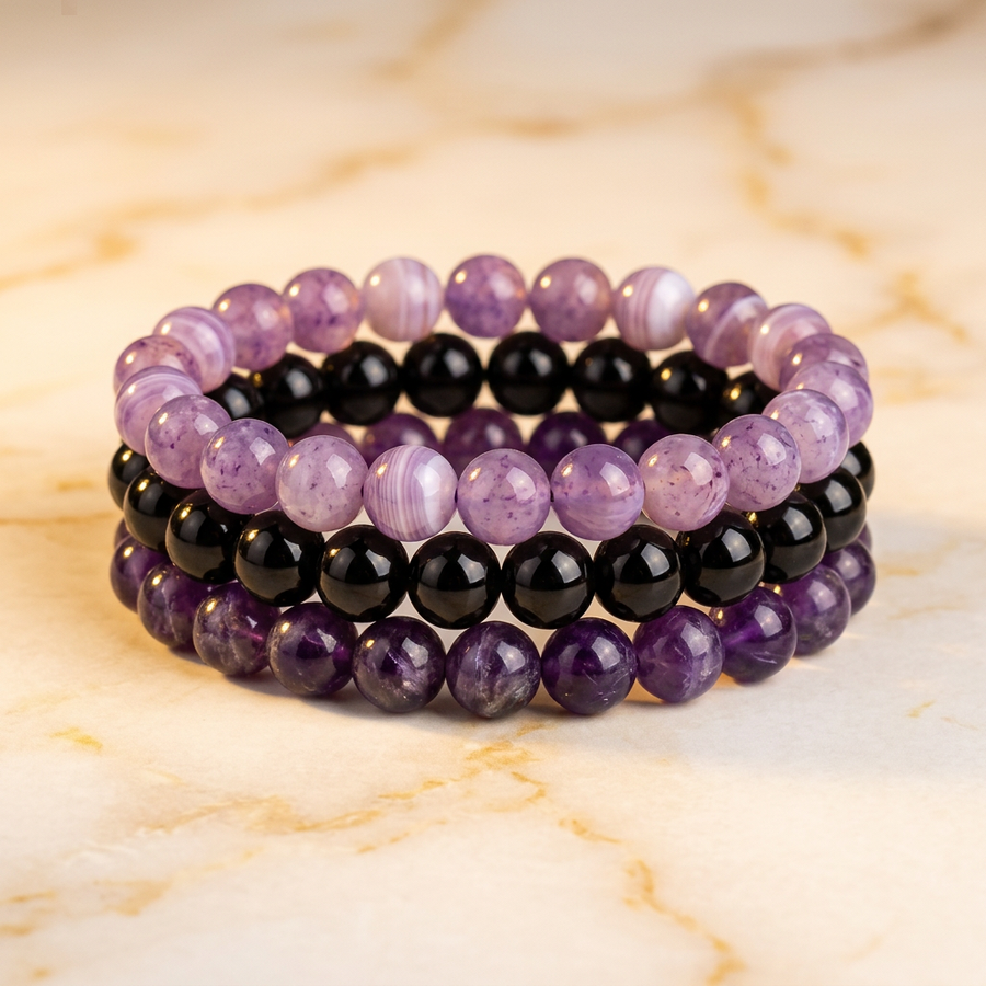 Set "Intuition" Triple Bracelet Agate Violette, Onyx & Améthyste | MODYZZ