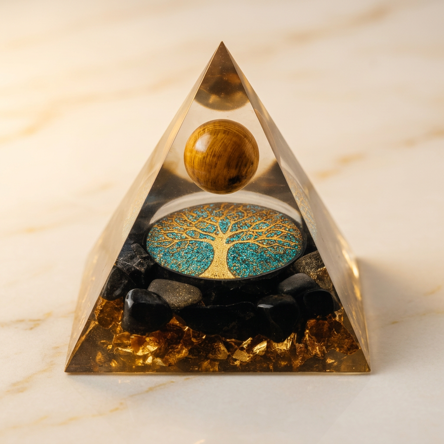 Orgonite "Ancrage" Pyramide Arbre Œil de Tigre & Obsidienne | MODYZZ