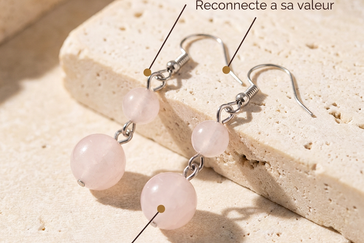 Boucles d'oreilles Quartz Rose MODYZZ - bienfaits amour de soi
