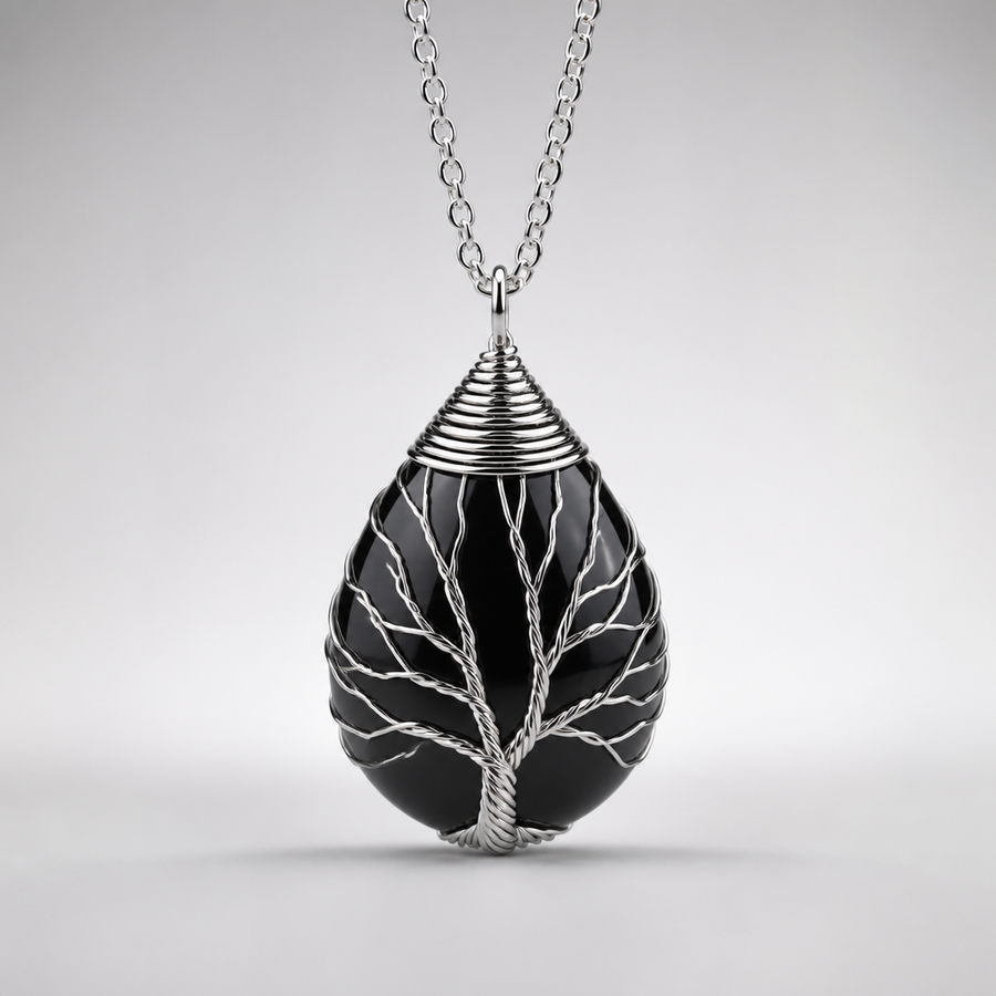 Collier "Bouclier" Arbre de Vie en Agate Noire Argentée | MODYZZ