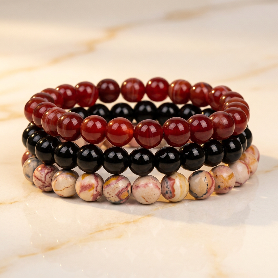 Set "Vitalité" Triple Bracelet Agate Rouge, Onyx & Jaspe | MODYZZ