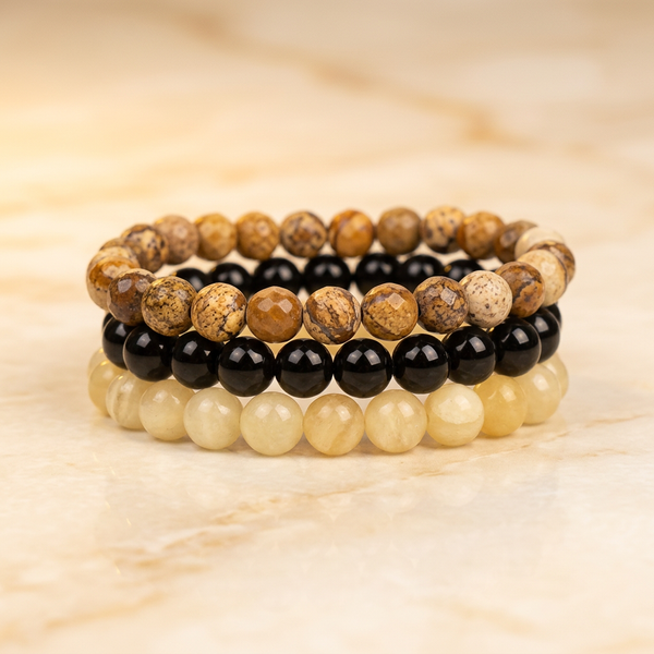Set "Ancrage" Triple Bracelet Picture Stone, Onyx & Topaze | MODYZZ