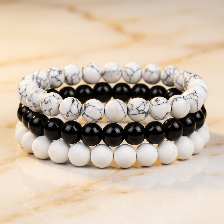 Set "Pureté" Triple Bracelet Turquoise Blanche, Onyx & Porcelaine | MODYZZ