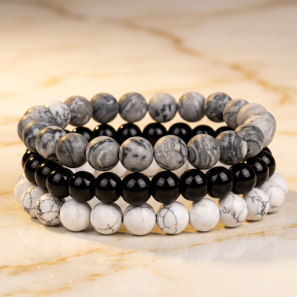 Set "Équilibre" Triple Bracelet Map Stone, Onyx & Howlite | MODYZZ