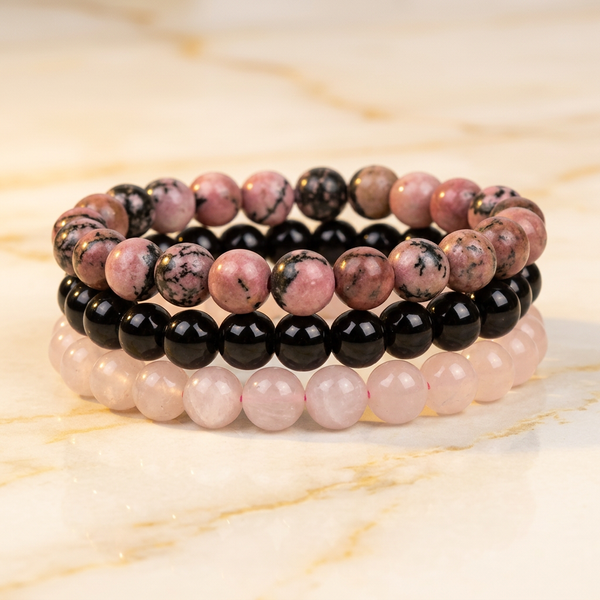 Set "Tendresse" Triple Bracelet Rhodonite, Onyx & Quartz Rose | MODYZZ