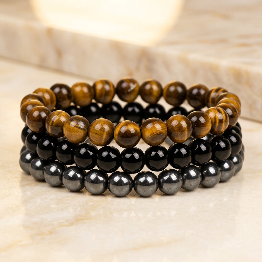 Set "Pouvoir" Triple Bracelet Œil de Tigre, Onyx & Hématite | MODYZZ