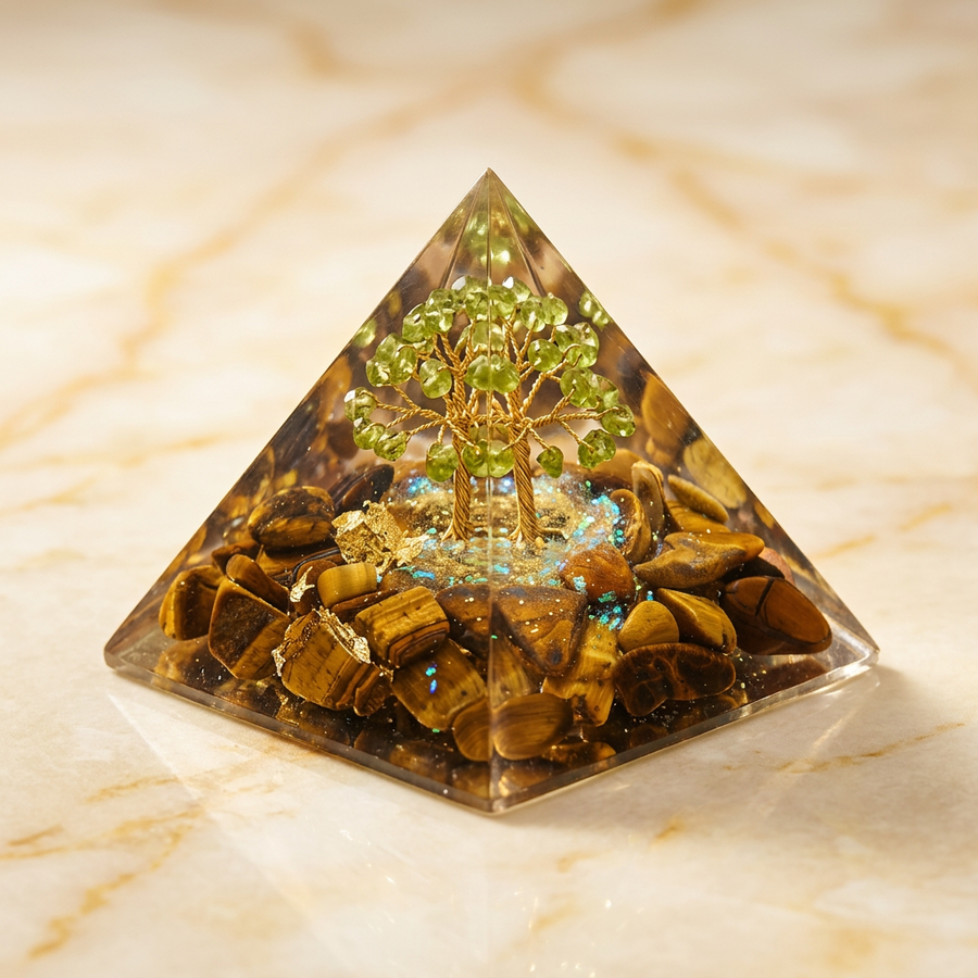 Orgonite "Soleil" Pyramide Arbre Œil de Tigre & Péridot | MODYZZ
