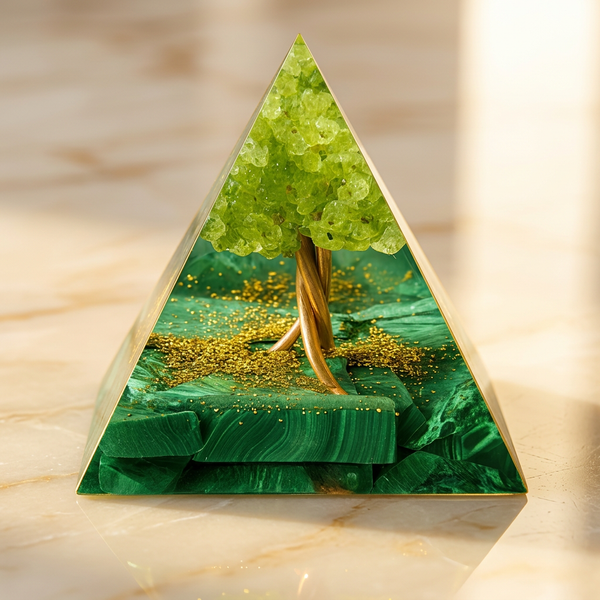 Orgonite "Renouveau" Pyramide Arbre Péridot & Malachite | MODYZZ