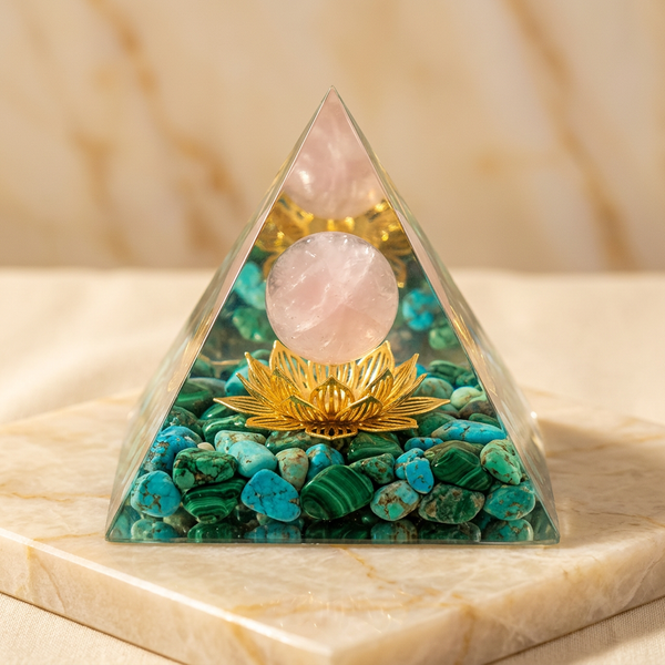 Orgonite "Harmonie" Pyramide Fleur Quartz Rose Turquoise & Malachite | MODYZZ