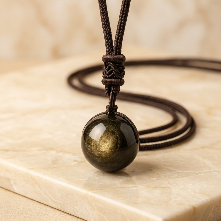 Pendentif "Sphère" Obsidienne Dorée Sautoir Macramé | MODYZZ